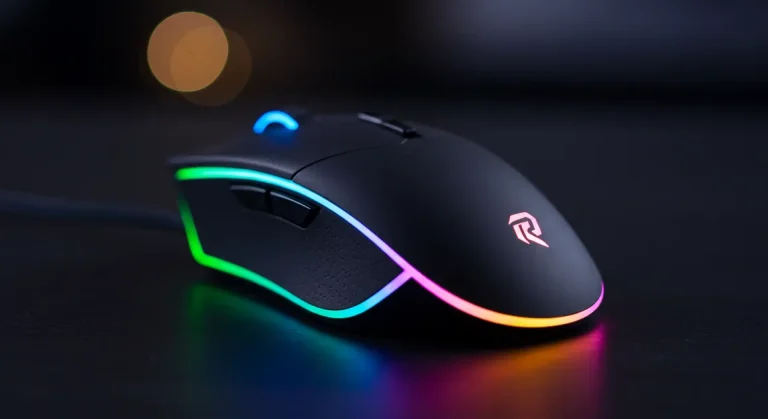 Fx Artistic photograph of Redragon Cobra Pro mouse with selective focus on the RGB lighting strip blurred background premium aesthetic 3