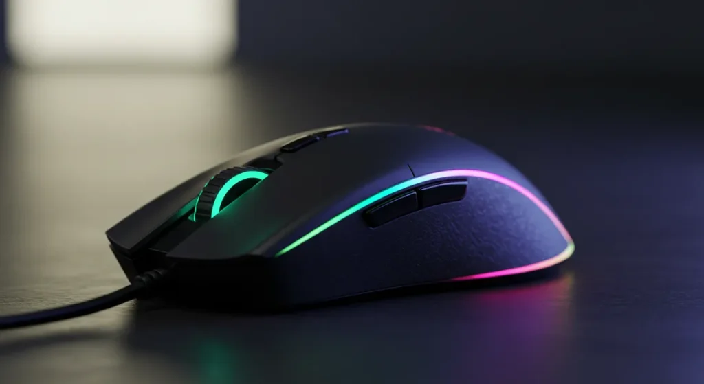 Fx Artistic photograph of Redragon Cobra Pro mouse with selective focus on the RGB lighting strip blurred background premium aesthetic 4
