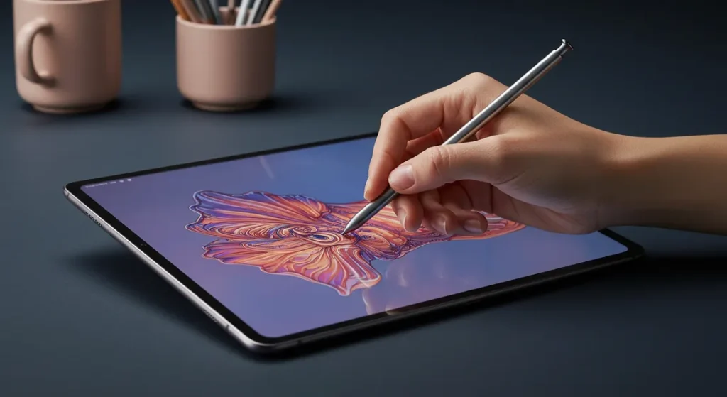 Fx Artistic photography of Samsung Galaxy Tab S10 FE with S Pen creating digital art on screen 1