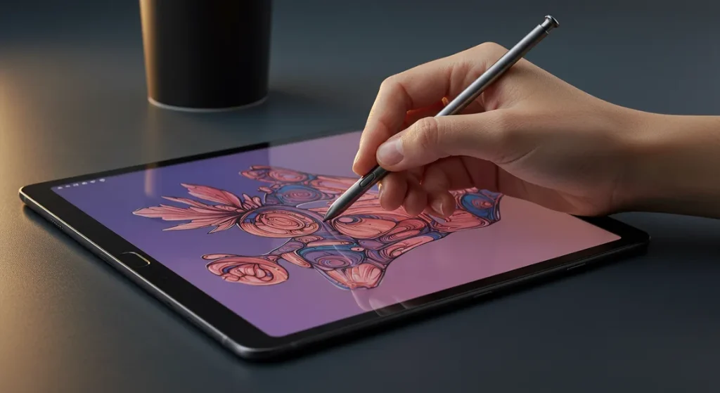 Fx Artistic photography of Samsung Galaxy Tab S10 FE with S Pen creating digital art on screen 4