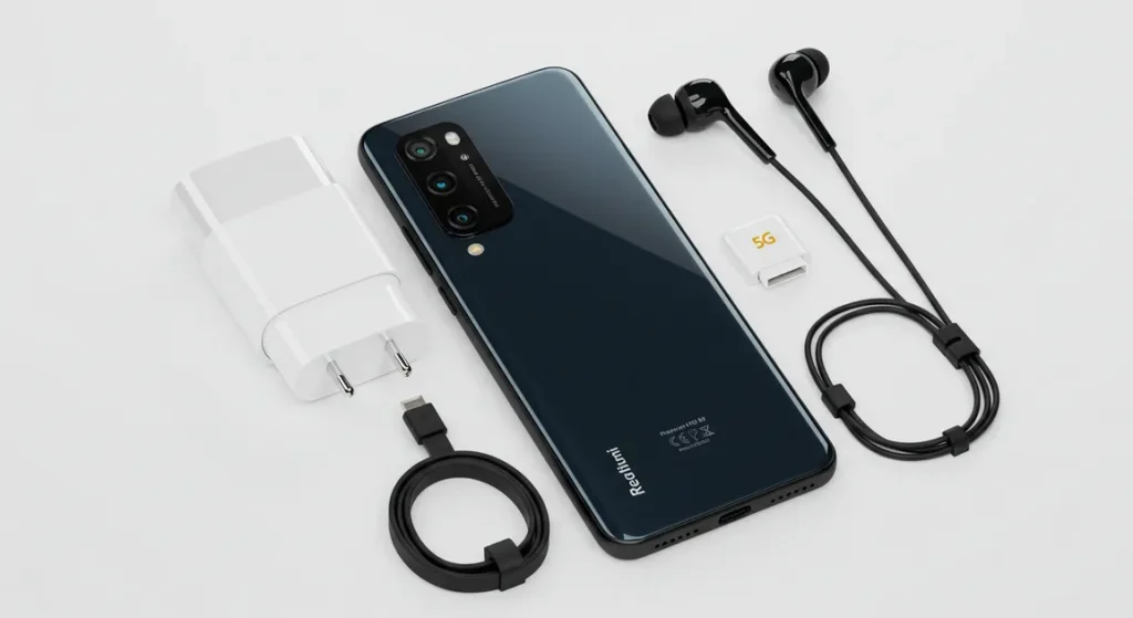 Fx Clean product shot of Xiaomi Redmi Note 13 Pro Plus 5G with accessories nearby professional e commerce style photography 2