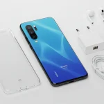 Fx Clean product shot of Xiaomi Redmi Note 13 Pro Plus 5G with accessories nearby professional e commerce style photography 3