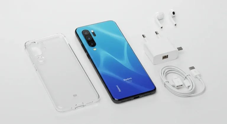 Fx Clean product shot of Xiaomi Redmi Note 13 Pro Plus 5G with accessories nearby professional e commerce style photography 3