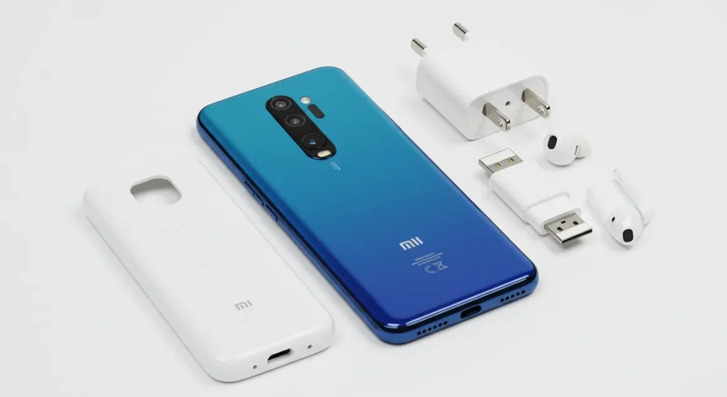 Fx Clean product shot of Xiaomi Redmi Note 13 Pro Plus 5G with accessories nearby professional e commerce style photography 4