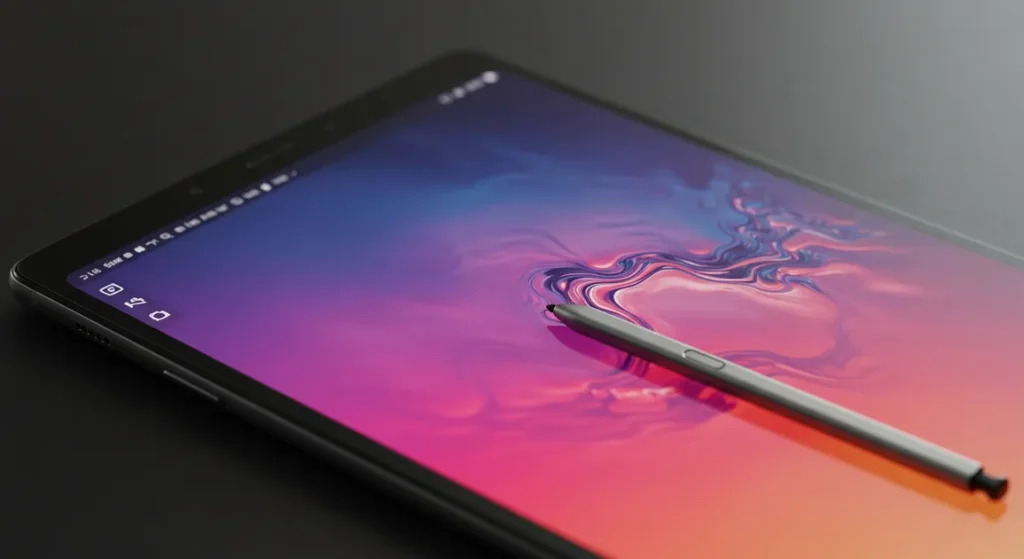 Fx Close up detailed shot of Samsung Galaxy Tab S10 FE screen displaying vibrant colors with S Pen stylus resting beside it 1