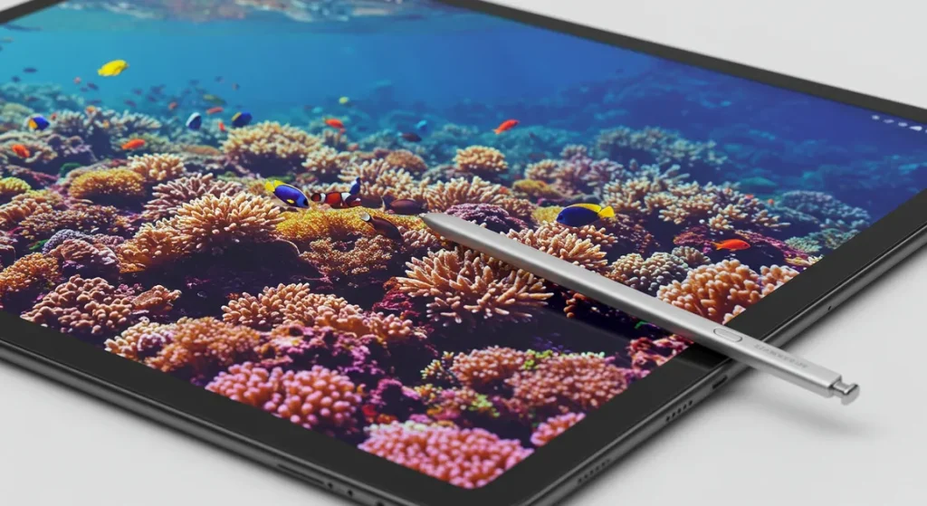 Fx Close up detailed shot of Samsung Galaxy Tab S10 FE screen displaying vibrant colors with S Pen stylus resting beside it 2