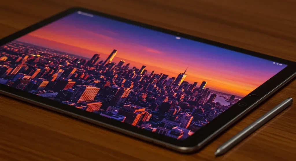 Fx Close up detailed shot of Samsung Galaxy Tab S10 FE screen displaying vibrant colors with S Pen stylus resting beside it 3