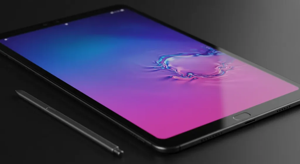 Fx Close up detailed shot of Samsung Galaxy Tab S10 FE screen displaying vibrant colors with S Pen stylus resting beside it 4