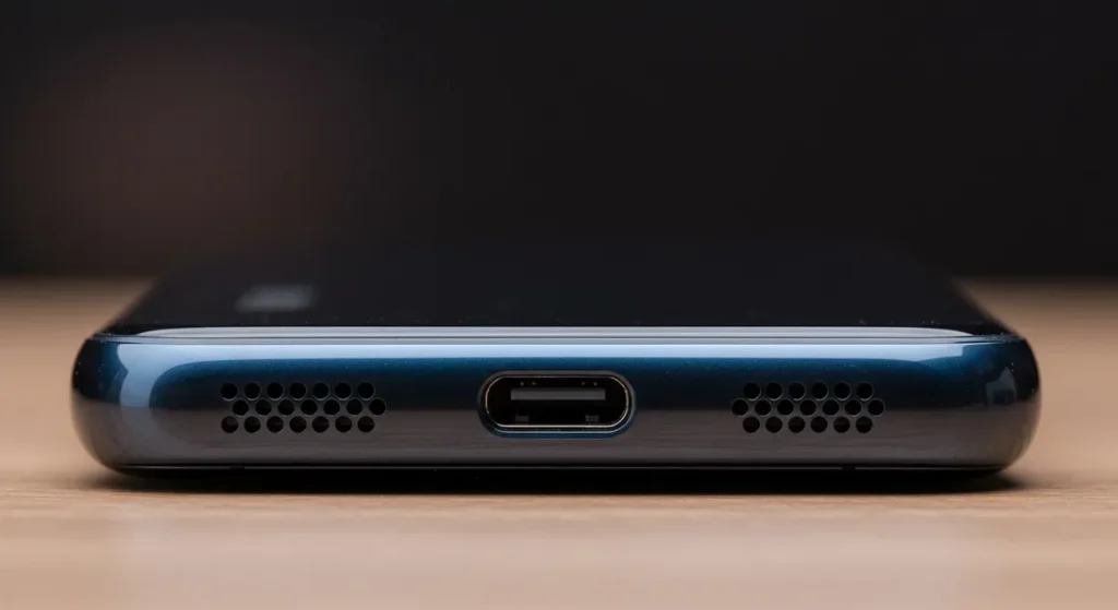 Fx Close up of Xiaomi Redmi Note 13 Pro Plus 5G bottom edge showing USB C port and speaker grilles macro photography with sharp details 3