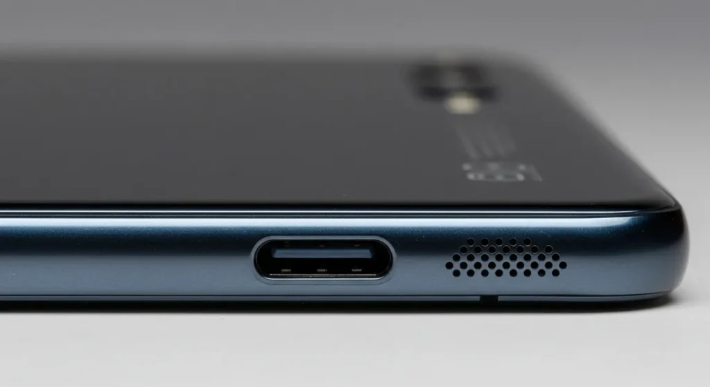 Fx Close up of Xiaomi Redmi Note 13 Pro Plus 5G bottom edge showing USB C port and speaker grilles macro photography with sharp details 4