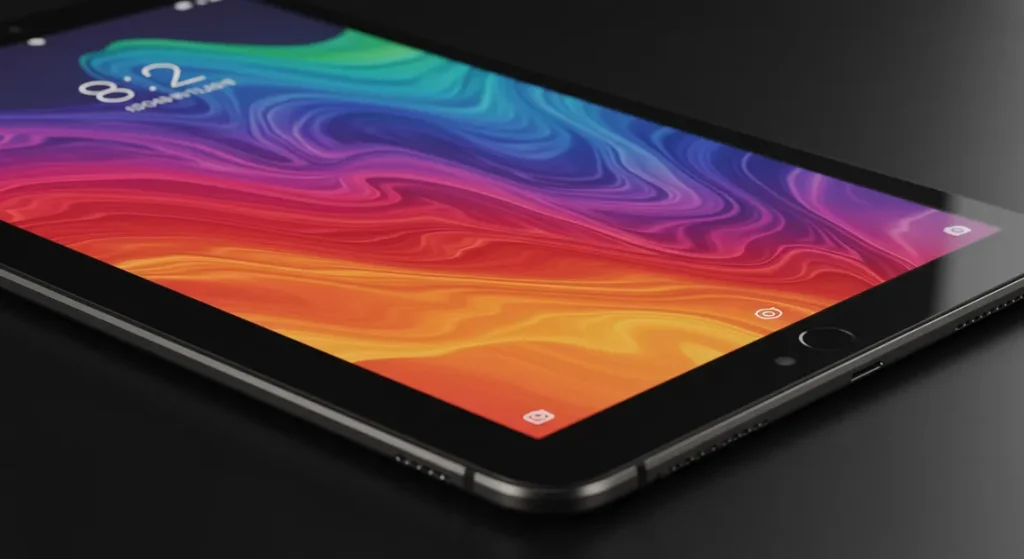Fx Close up shot of a Xiaomi Mi Pad displaying vibrant colorful abstract wallpaper on its high resolution screen with dramatic studio lighting highlighting the display quality 1