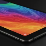 Fx Close up shot of a Xiaomi Mi Pad displaying vibrant colorful abstract wallpaper on its high resolution screen with dramatic studio lighting highlighting the display quality 1