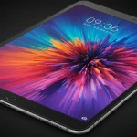 Fx Close up shot of a Xiaomi Mi Pad displaying vibrant colorful abstract wallpaper on its high resolution screen with dramatic studio lighting highlighting the display quality 2
