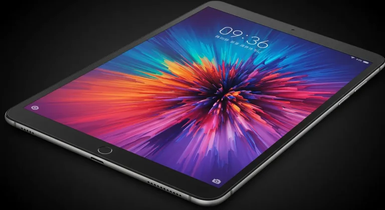 Fx Close up shot of a Xiaomi Mi Pad displaying vibrant colorful abstract wallpaper on its high resolution screen with dramatic studio lighting highlighting the display quality 2