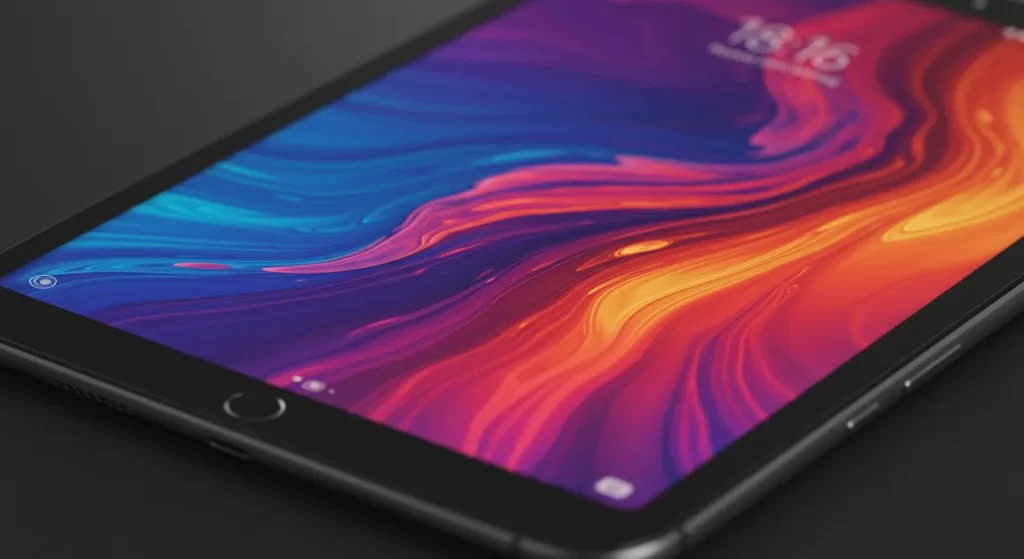 Fx Close up shot of a Xiaomi Mi Pad displaying vibrant colorful abstract wallpaper on its high resolution screen with dramatic studio lighting highlighting the display quality 3