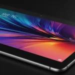 Fx Close up shot of a Xiaomi Mi Pad displaying vibrant colorful abstract wallpaper on its high resolution screen with dramatic studio lighting highlighting the display quality 4
