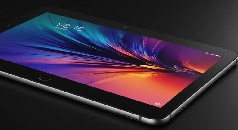 Fx Close up shot of a Xiaomi Mi Pad displaying vibrant colorful abstract wallpaper on its high resolution screen with dramatic studio lighting highlighting the display quality 4