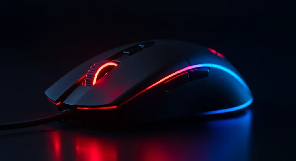 Fx Dramatic close up shot of a Redragon Cobra Pro gaming mouse with vibrant RGB lighting glowing in red and blue colors dark background cinematic lighting 1