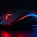 Fx Dramatic close up shot of a Redragon Cobra Pro gaming mouse with vibrant RGB lighting glowing in red and blue colors dark background cinematic lighting 1