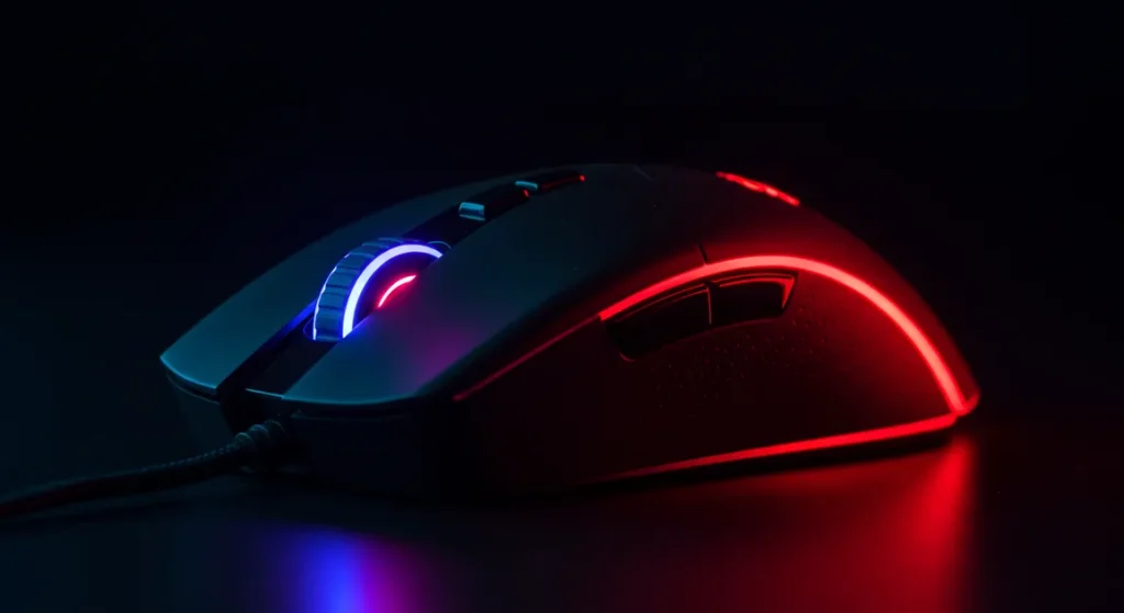 Fx Dramatic close up shot of a Redragon Cobra Pro gaming mouse with vibrant RGB lighting glowing in red and blue colors dark background cinematic lighting 2