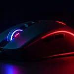 Fx Dramatic close up shot of a Redragon Cobra Pro gaming mouse with vibrant RGB lighting glowing in red and blue colors dark background cinematic lighting 2