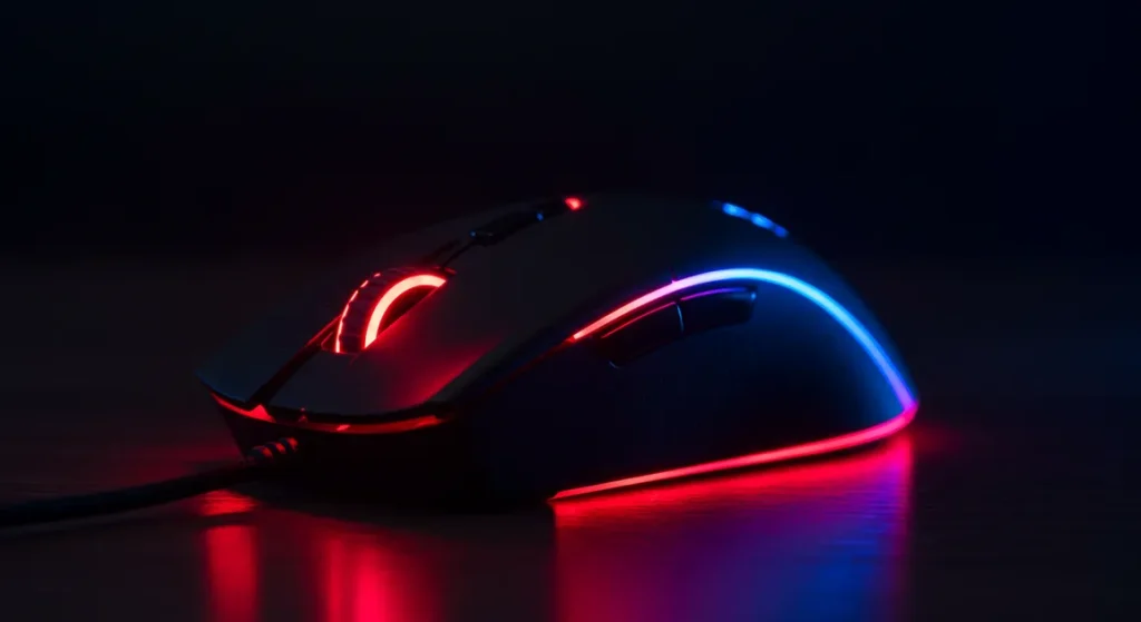 Fx Dramatic close up shot of a Redragon Cobra Pro gaming mouse with vibrant RGB lighting glowing in red and blue colors dark background cinematic lighting 3