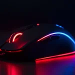 Fx Dramatic close up shot of a Redragon Cobra Pro gaming mouse with vibrant RGB lighting glowing in red and blue colors dark background cinematic lighting 3
