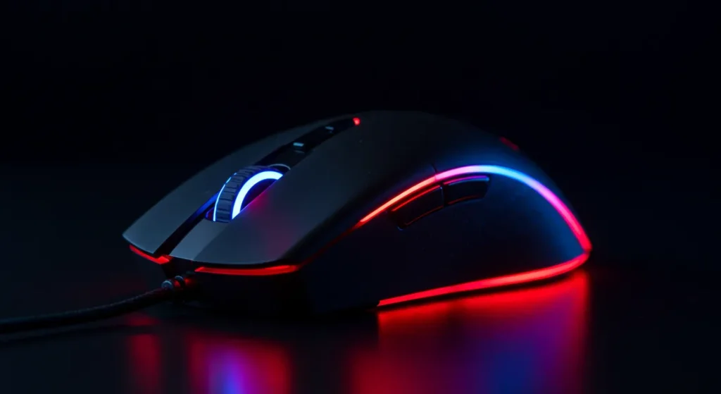Fx Dramatic close up shot of a Redragon Cobra Pro gaming mouse with vibrant RGB lighting glowing in red and blue colors dark background cinematic lighting 4