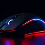 Fx Dramatic close up shot of a Redragon Cobra Pro gaming mouse with vibrant RGB lighting glowing in red and blue colors dark background cinematic lighting 4