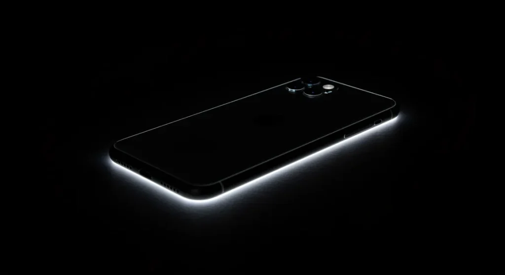 Fx Dramatic low angle shot of iPhone 16e against dark background rim lighting creating elegant silhouette professional commercial photography style 3