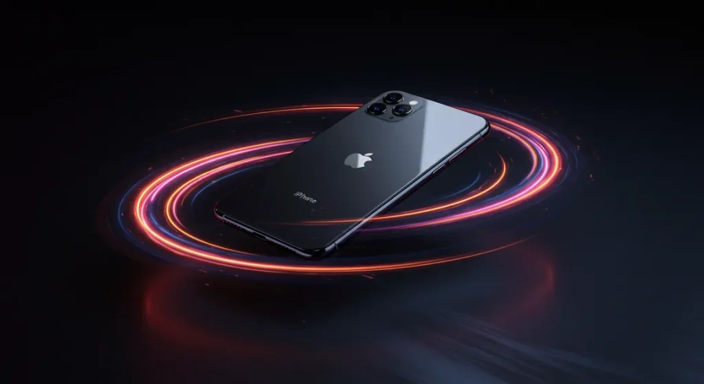 Fx Dynamic action shot of iPhone 16e with motion blur effects around stationary device suggesting speed and performance dark cinematic background 3