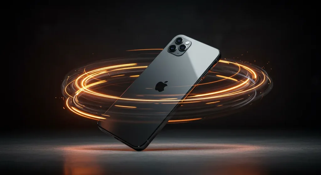 Fx Dynamic action shot of iPhone 16e with motion blur effects around stationary device suggesting speed and performance dark cinematic background 4