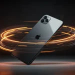 Fx Dynamic action shot of iPhone 16e with motion blur effects around stationary device suggesting speed and performance dark cinematic background 4