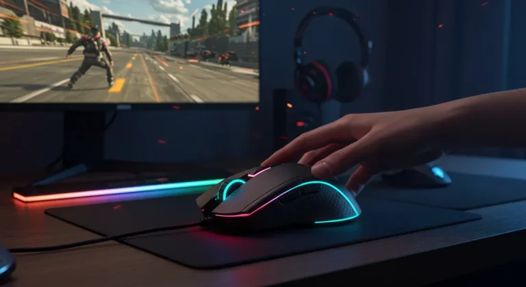 Fx Dynamic gaming scene with Redragon Cobra Pro mouse in action RGB lighting synchronized with gaming setup realistic gaming environment 1