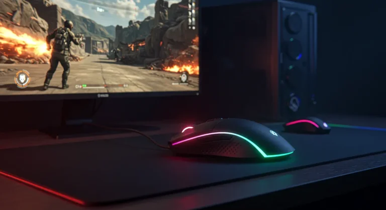 Fx Dynamic gaming scene with Redragon Cobra Pro mouse in action RGB lighting synchronized with gaming setup realistic gaming environment 2