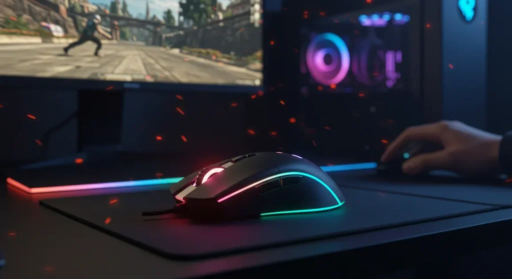 Fx Dynamic gaming scene with Redragon Cobra Pro mouse in action RGB lighting synchronized with gaming setup realistic gaming environment 3