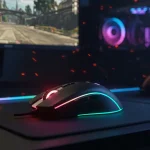 Fx Dynamic gaming scene with Redragon Cobra Pro mouse in action RGB lighting synchronized with gaming setup realistic gaming environment 3