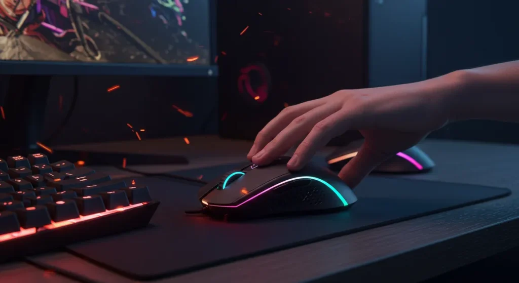 Fx Dynamic gaming scene with Redragon Cobra Pro mouse in action RGB lighting synchronized with gaming setup realistic gaming environment 4