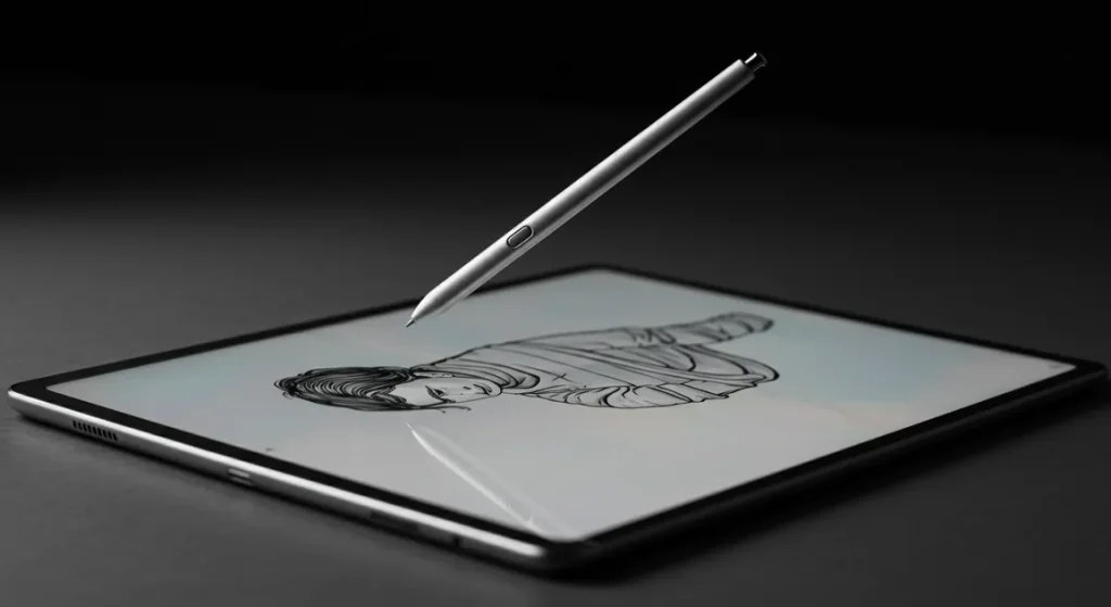 Fx Dynamic photography of Samsung Galaxy Tab S10 FE with S Pen mid air capture showing precision stylus 1