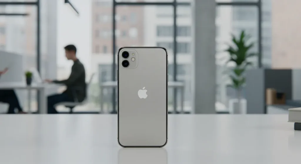 Fx Environmental shot of iPhone 16e in modern tech workspace device prominently featured while showing contemporary lifestyle context 1