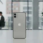 Fx Environmental shot of iPhone 16e in modern tech workspace device prominently featured while showing contemporary lifestyle context 1