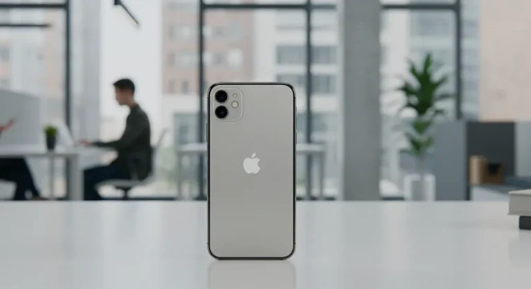 Fx Environmental shot of iPhone 16e in modern tech workspace device prominently featured while showing contemporary lifestyle context 1
