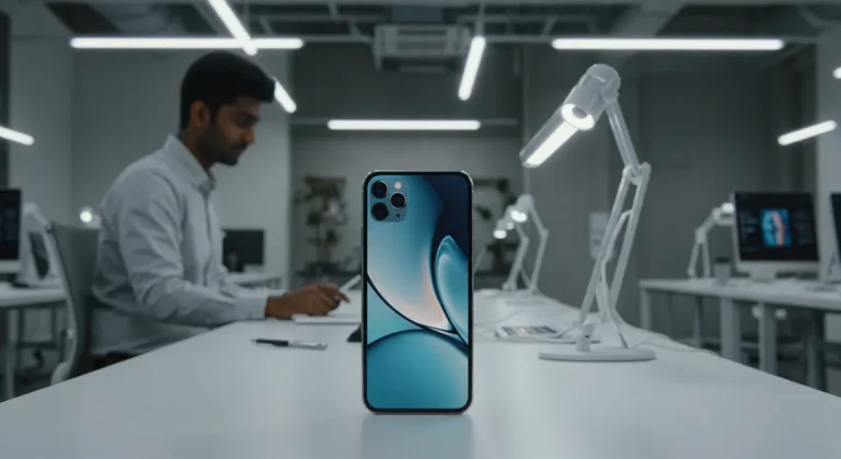 Fx Environmental shot of iPhone 16e in modern tech workspace device prominently featured while showing contemporary lifestyle context 2