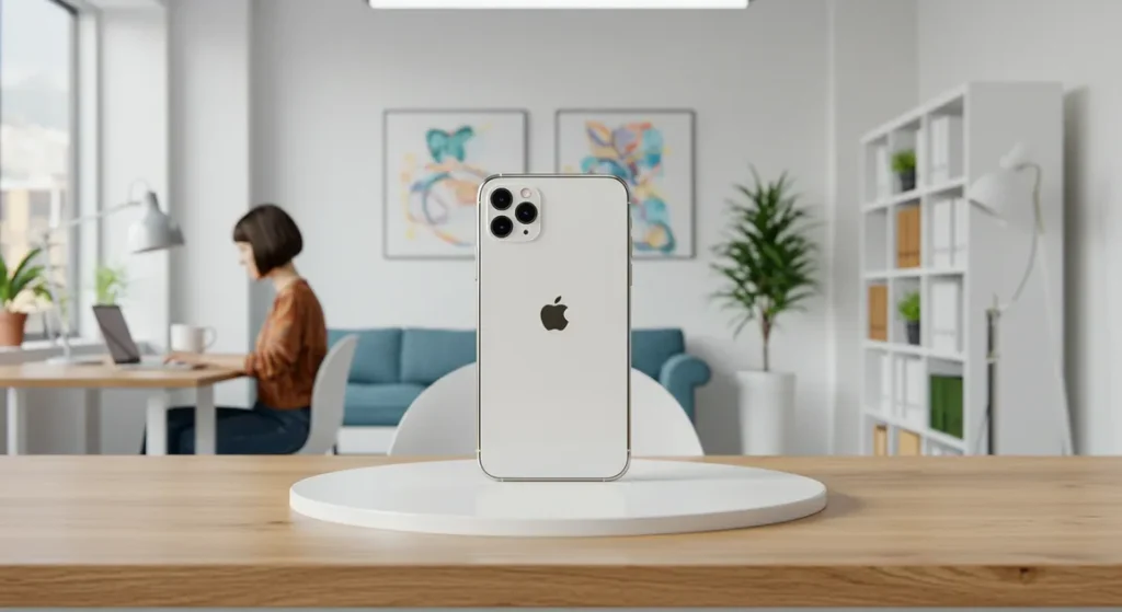 Fx Environmental shot of iPhone 16e in modern tech workspace device prominently featured while showing contemporary lifestyle context 3