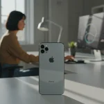 Fx Environmental shot of iPhone 16e in modern tech workspace device prominently featured while showing contemporary lifestyle context 4