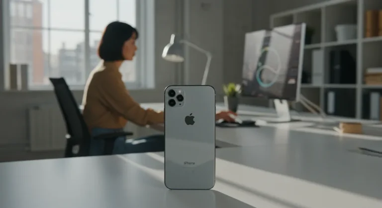 Fx Environmental shot of iPhone 16e in modern tech workspace device prominently featured while showing contemporary lifestyle context 4
