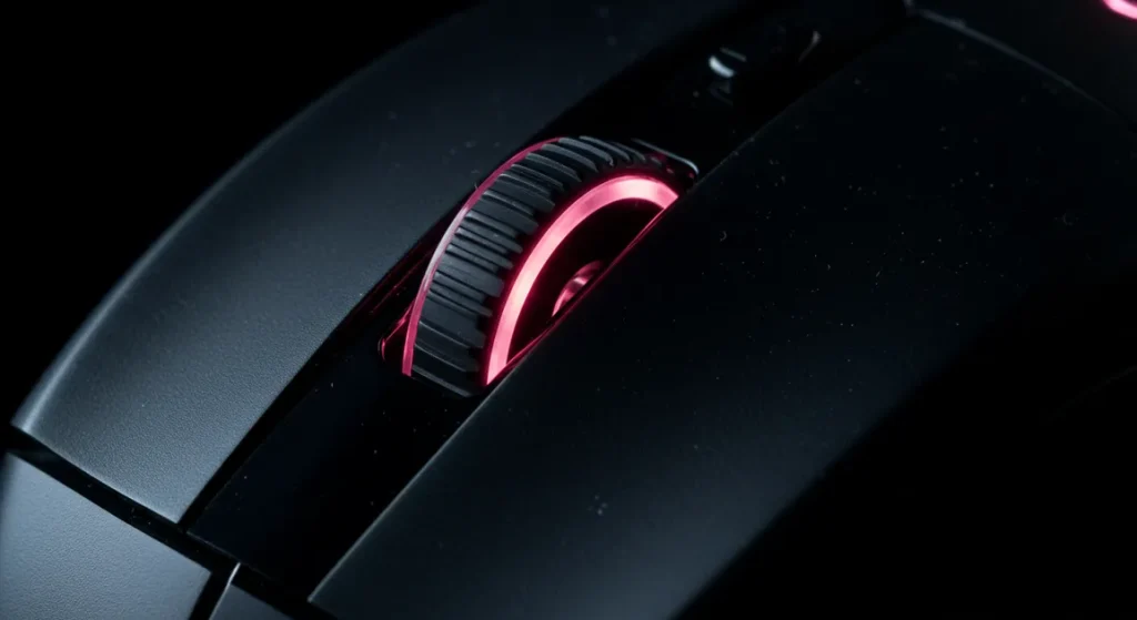 Fx Extreme close up macro photograph of the optical sensor area of a Redragon Cobra Pro gaming mouse technical detail professional lighting 1