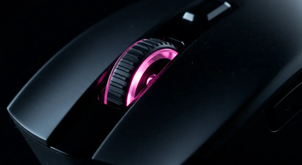 Fx Extreme close up macro photograph of the optical sensor area of a Redragon Cobra Pro gaming mouse technical detail professional lighting 2