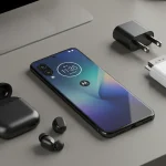 Fx Flat lay professional shot of Motorola Edge 60 Fusion 5G with accessories on minimal desk setup realistic lighting 1