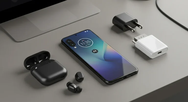 Fx Flat lay professional shot of Motorola Edge 60 Fusion 5G with accessories on minimal desk setup realistic lighting 1